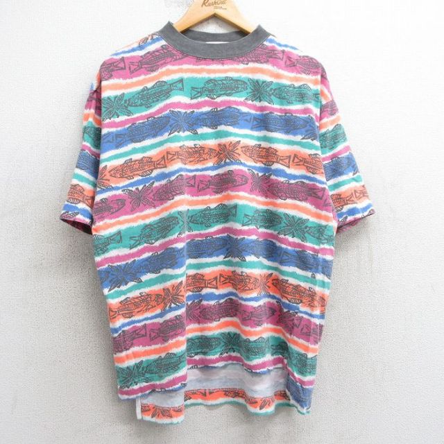 XL★古着 ジャンセン 半袖 ビンテージ Tシャツ メンズ 90年代 90s 魚 総柄 コットン クルーネック ピンク他 ボーダー 【spe】 25may02 中古