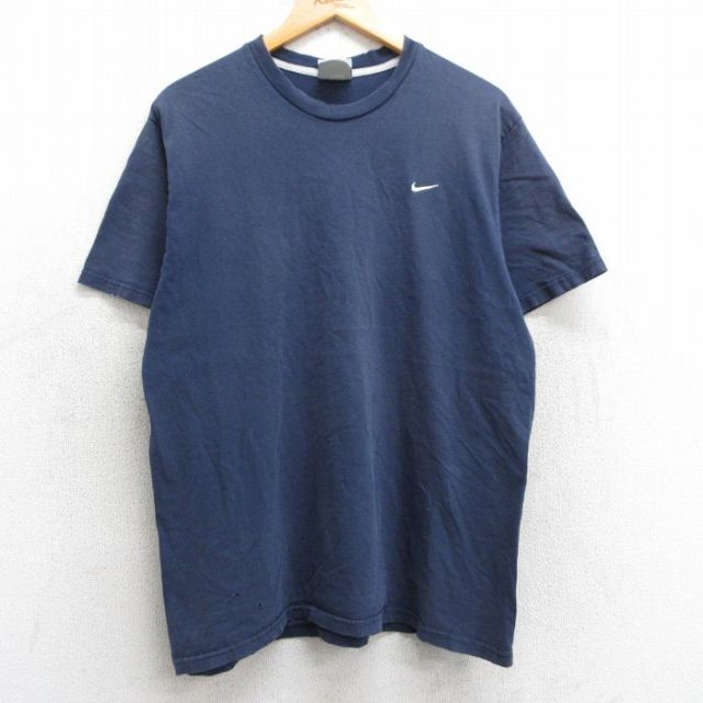 L★古着 ナイキ NIKE 半袖 ビンテージ Tシャツ メンズ 00年代 00s ワンポイントロゴ コットン クルーネック 紺 ネイビー 25may02 中古