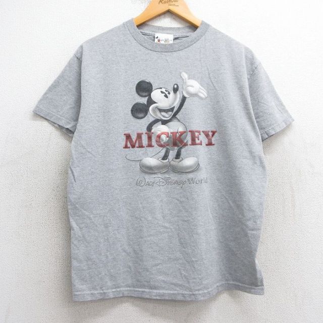 M★古着 半袖 ビンテージ Tシャツ メンズ 00年代 00s ディズニー DISNEY ミッキー MICKEY MOUSE クルーネック グレー 霜降り 25may07 中古