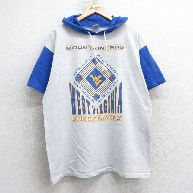 XL★古着 半袖 ビンテージ Tシャツ パーカー メンズ 90年代 90s ウエストバージニア 大学 MOUNTAINEERS ツートンカラー コットン USA製 薄グレー 霜降り他 25may07 中古