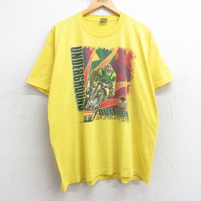 XL★古着 フルーツオブザルーム 半袖 ビンテージ Tシャツ メンズ 90年代 90s 自転車 UNDERGROUND クルーネック USA製 黄 イエロー 25may07 中古