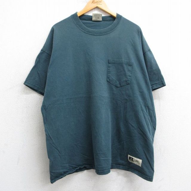 XL★古着 ラッセル 半袖 ビンテージ Tシャツ メンズ 00年代 00s 無地 胸ポケット付き 大きいサイズ コットン クルーネック 緑系 グリーン 25may07 中古