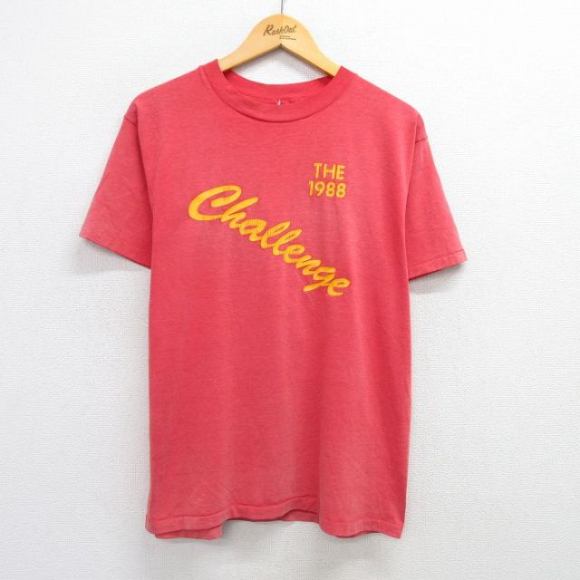 L★古着 半袖 ビンテージ Tシャツ メンズ 80年代 80s チャレンジ LOTFY 7 フロッキープリント クルーネック 赤 レッド 25may07 中古