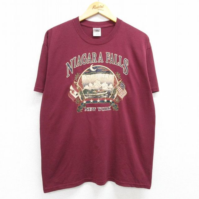 L★古着 半袖 ビンテージ Tシャツ メンズ 00年代 00s ナイアガラの滝 ニューヨーク 星条旗 クルーネック エンジ 25may07 中古