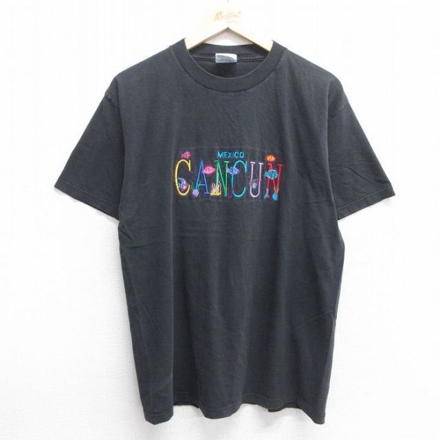 L★古着 半袖 ビンテージ Tシャツ メンズ 00年代 00s カンクン 魚 刺繍 コットン クルーネック 黒 ブラック 25may07 中古