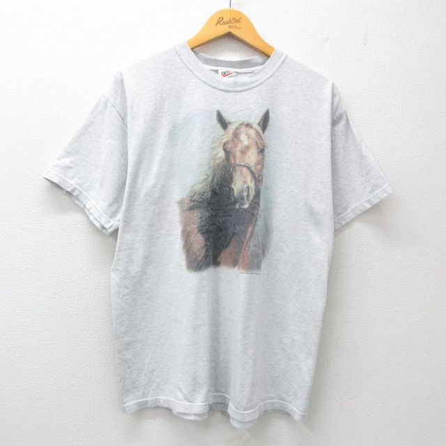 L★古着 半袖 ビンテージ Tシャツ メンズ 00年代 00s 馬 クルーネック 薄グレー 霜降り 25may07 中古