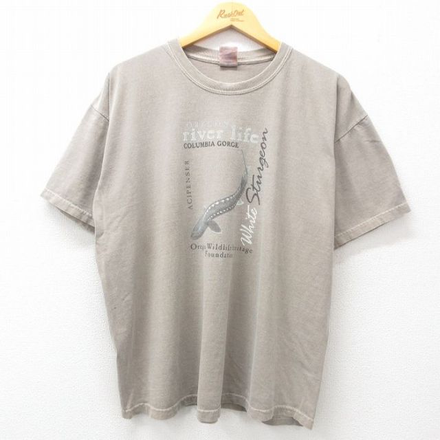 XL★古着 半袖 ビンテージ Tシャツ メンズ 00年代 00s オレゴン 魚 大きいサイズ コットン クルーネック ベージュ カーキ 25may07 中古