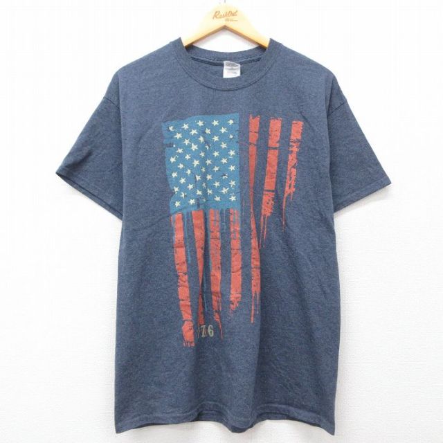 【20%OFF】L★古着 半袖 ビンテージ Tシャツ メンズ 00年代 00s 星条旗 コットン クルーネック 紺 ネイビー 霜降り 25may07 中古
