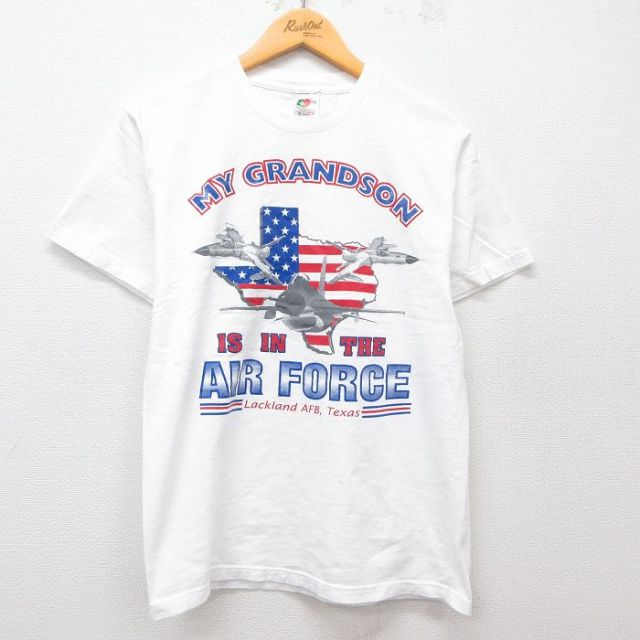 M★古着 フルーツオブザルーム 半袖 ビンテージ Tシャツ メンズ 00年代 00s 戦闘機 エアフォース コットン クルーネック 白 ホワイト 25may07 中古