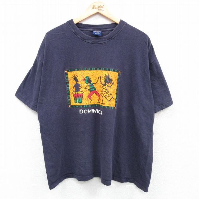 XL★古着 半袖 ビンテージ Tシャツ メンズ 00年代 00s ドミニカ ラスタ 大きいサイズ コットン クルーネック 濃紺 ネイビー 25may07 中古