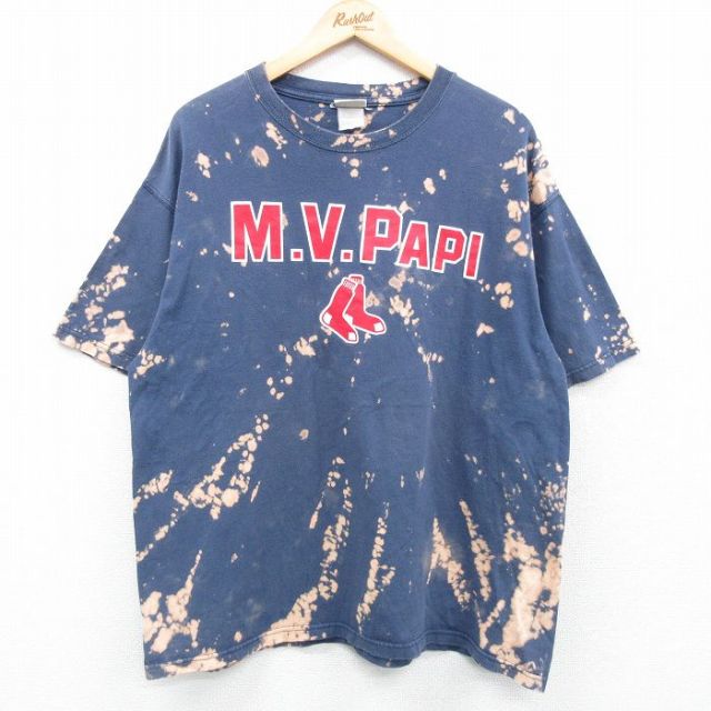 XL★古着 リー Lee 半袖 ビンテージ Tシャツ メンズ 00年代 00s MLB ボストンレッドソックス デビッドオルティーズ 34 大きいサイズ クルーネック 紺他 ネイビー ブリーチ加工 メジャーリーグ ベースボール 野球 25may07 中古