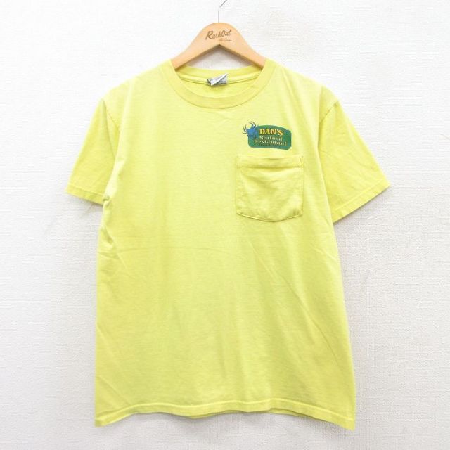 L★古着 半袖 ビンテージ Tシャツ メンズ 90年代 90s カニ 胸ポケット付き コットン 黄 イエロー 25may08 中古