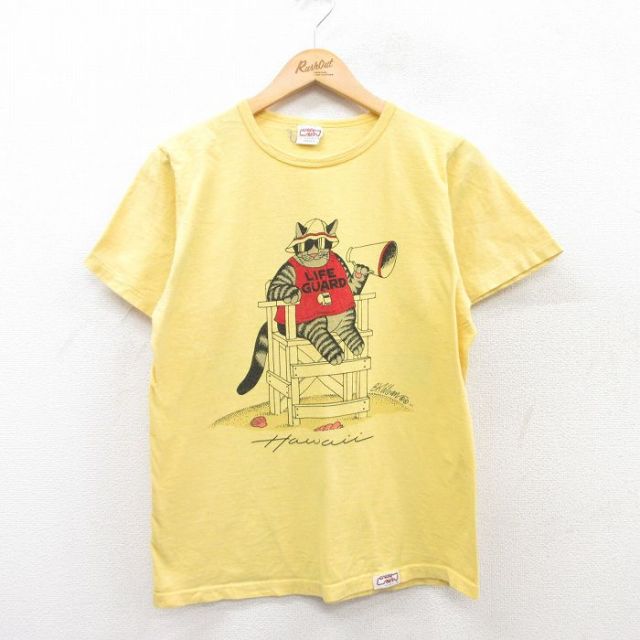 M★古着 Crazy Shirts 半袖 ビンテージ Tシャツ メンズ 90年代 90s クリバンキャット コットン クルーネック USA製 黄 イエロー 25may08 中古