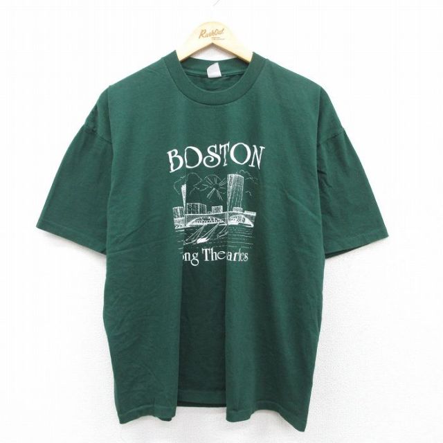 【50%OFF】XL★古着 半袖 ビンテージ Tシャツ メンズ 90年代 90s ボストン 大きいサイズ コットン クルーネック USA製 緑 グリーン 25may08 中古