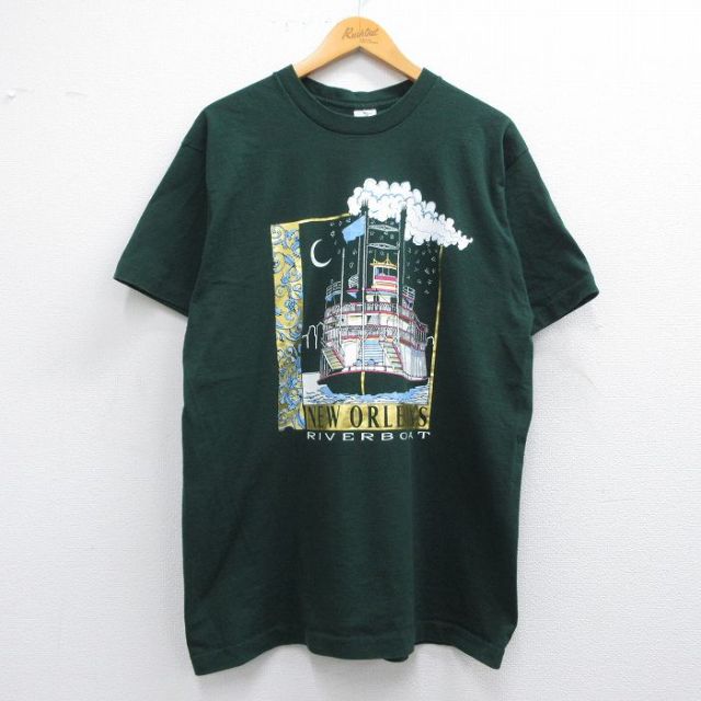 XL★古着 フルーツオブザルーム 半袖 ビンテージ Tシャツ メンズ 90年代 90s 船 ニューオーリンズ コットン クルーネック USA製 濃緑 グリーン 25may08 中古