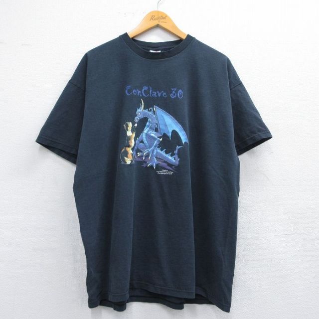 XL★古着 フルーツオブザルーム 半袖 ビンテージ Tシャツ メンズ 00年代 00s ドラゴン ネコ 大きいサイズ コットン クルーネック 黒 ブラック 25may08 中古