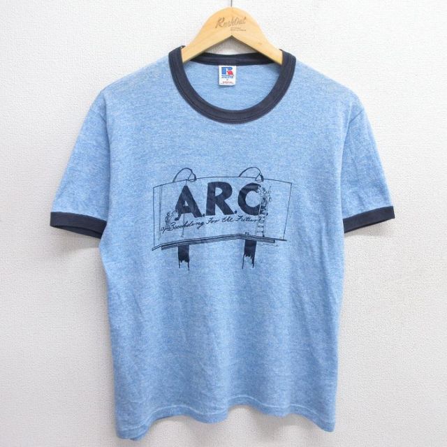 M★古着 ラッセル 半袖 ビンテージ Tシャツ メンズ 80年代 80s ARC クルーネック USA製 青 ブルー 霜降り リンガー 【spe】 25may09 中古