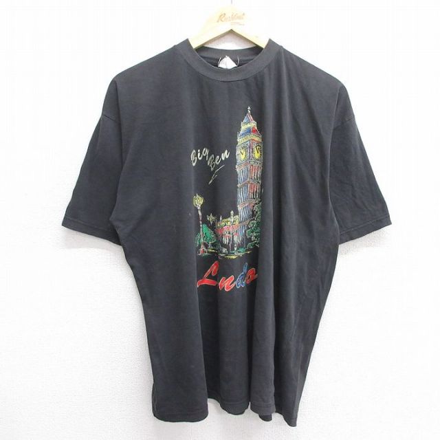 XL★古着 半袖 ビンテージ Tシャツ メンズ 00年代 00s ロンドン ビッグベン BIG BEN コットン クルーネック 黒 ブラック 25may09 中古
