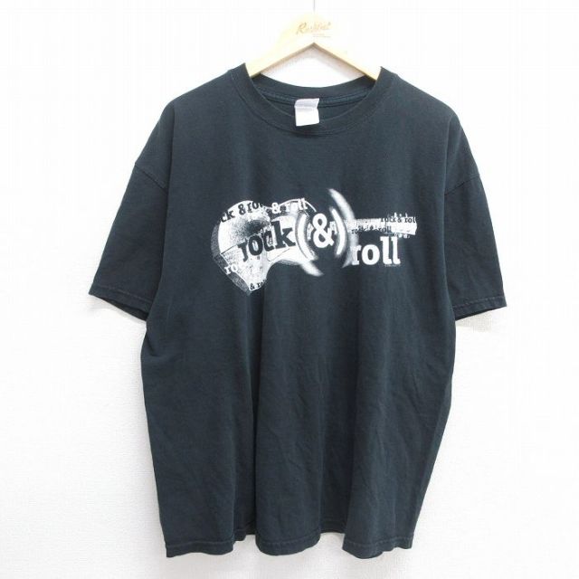 XL★古着 半袖 ビンテージ Tシャツ メンズ 90年代 90s ロックンロールの殿堂 ギター 大きいサイズ コットン クルーネック 黒 ブラック 25may09 中古