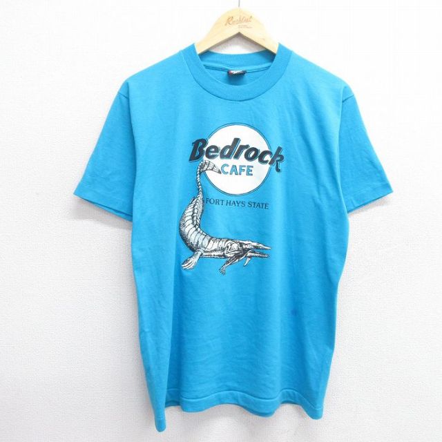 L★古着 スクリーンスターズ 半袖 ビンテージ Tシャツ メンズ 80年代 80s 恐竜 Bedrock CAFE クルーネック USA製 水色 【spe】 25may09 中古