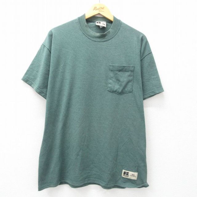 XL★古着 ラッセル 半袖 ビンテージ Tシャツ メンズ 90年代 90s 無地 胸ポケット付き クルーネック USA製 緑 グリーン 【spe】 25may10 中古