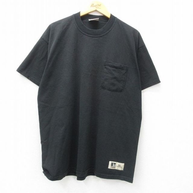 XL★古着 ラッセル 半袖 ビンテージ Tシャツ メンズ 00年代 00s 無地 胸ポケット付き コットン クルーネック 黒 ブラック 25may10 中古