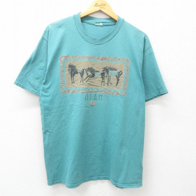 L★古着 半袖 ビンテージ Tシャツ メンズ 00年代 00s 馬 ユタ クルーネック 緑系 グリーン 25may10 中古