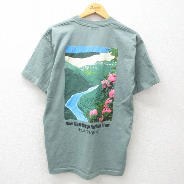 L★古着 半袖 ビンテージ Tシャツ メンズ 90年代 90s ニューリバーゴージ 川 コットン クルーネック USA製 緑 グリーン 25may10 中古