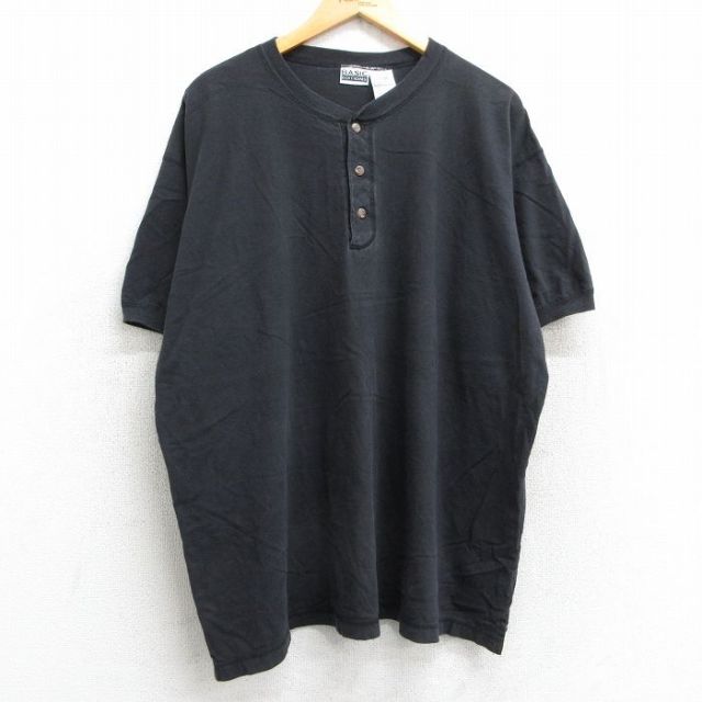 XL★古着 ベーシックエディションズ 半袖 ビンテージ Tシャツ メンズ 90年代 90s 無地 大きいサイズ コットン ヘンリーネック 黒 ブラック 25may13 中古