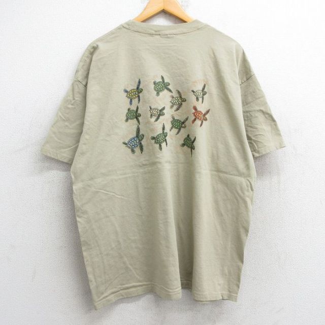 【50%OFF】【50%OFF】XL★古着 半袖 ビンテージ Tシャツ メンズ 90年代 90s カメ 大きいサイズ コットン クルーネック ベージュ系 カーキ 25may13 中古