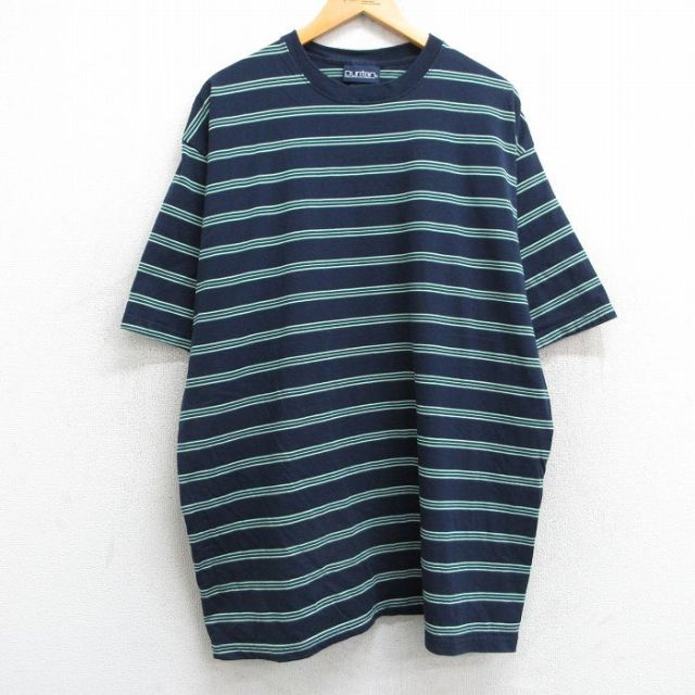 XL★古着 ピューリタン 半袖 ビンテージ Tシャツ メンズ 90年代 90s 大きいサイズ ロング丈 クルーネック USA製 紺他 ネイビー ボーダー 25may13 中古