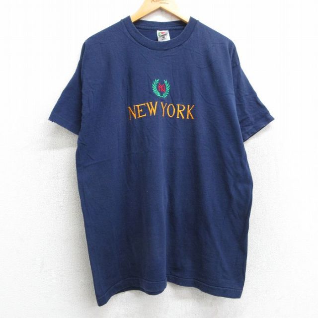 XL★古着 フルーツオブザルーム 半袖 ビンテージ Tシャツ メンズ 90年代 90s ニューヨーク 刺繍 コットン クルーネック USA製 紺 ネイビー 25may13 中古