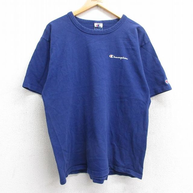 XL★古着 チャンピオン champion 半袖 ビンテージ Tシャツ メンズ 90年代 90s ワンポイントロゴ コットン クルーネック 紺 ネイビー 【spe】 25may13 中古