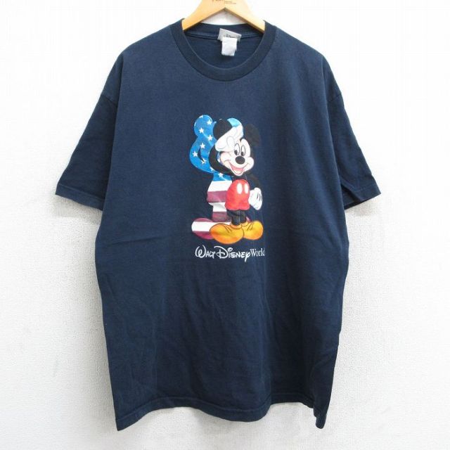 XL★古着 半袖 ビンテージ Tシャツ メンズ 00年代 00s ディズニー DISNEY ミッキー MICKEY MOUSE コットン クルーネック 紺 ネイビー 25may13 中古
