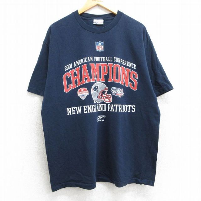 XL★古着 リーボック REEBOK 半袖 ビンテージ Tシャツ メンズ 90年代 90s NFL ニューイングランドペイトリオッツ コットン クルーネック USA製 紺 ネイビー アメフト スーパーボウル 25may13 中古