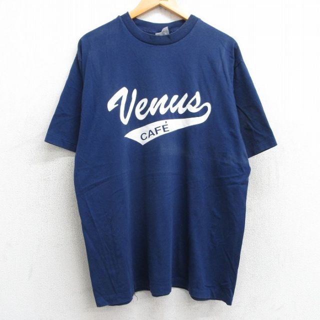 XL★古着 ヘインズ Hanes 半袖 ビンテージ Tシャツ メンズ 80年代 80s Venus カフェ 4 クルーネック 紺 ネイビー 25may13 中古