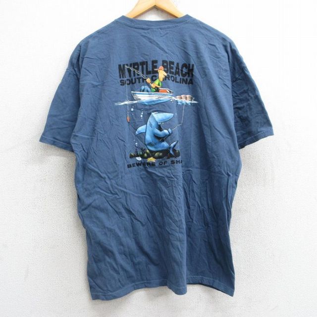 XL★古着 半袖 ビンテージ Tシャツ メンズ 00年代 00s サメ 釣り マートルビーチ コットン クルーネック 薄紺 ネイビー 25may13 中古