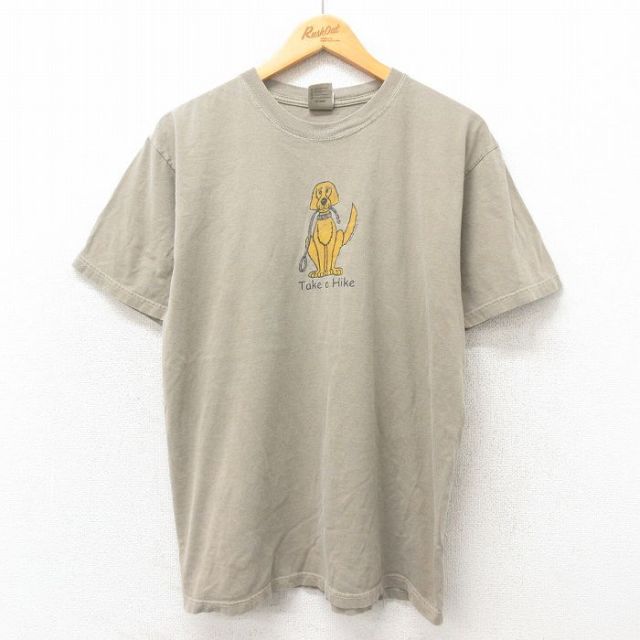 L★古着 半袖 ビンテージ Tシャツ メンズ 00年代 00s 犬 コットン クルーネック ベージュ カーキ 25may13 中古