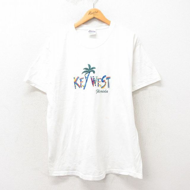 【50%OFF】L★古着 ヘインズ Hanes 半袖 ビンテージ Tシャツ メンズ 00年代 00s キーウエスト 刺繍 コットン クルーネック 白 ホワイト 25may13 中古