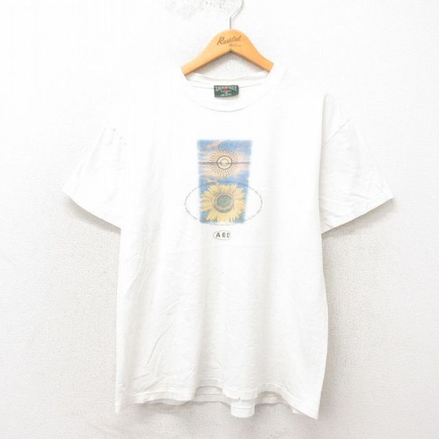 XL★古着 アメリカンイーグル American Eagle 半袖 ビンテージ Tシャツ メンズ 90年代 90s ヒマワリ コットン クルーネック USA製 白 ホワイト 25may13 中古