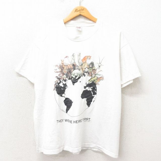 XL★古着 半袖 ビンテージ Tシャツ メンズ 90年代 90s 地球 動物 コットン クルーネック USA製 白 ホワイト 【spe】 25may13 中古