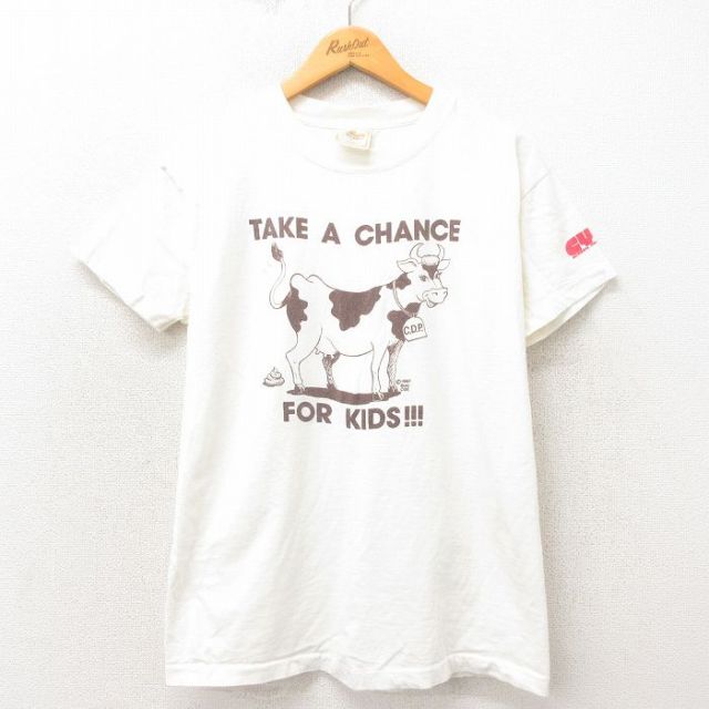 M★古着 半袖 ビンテージ Tシャツ メンズ 90年代 90s ウシ コットン クルーネック 白 ホワイト 25may14 中古