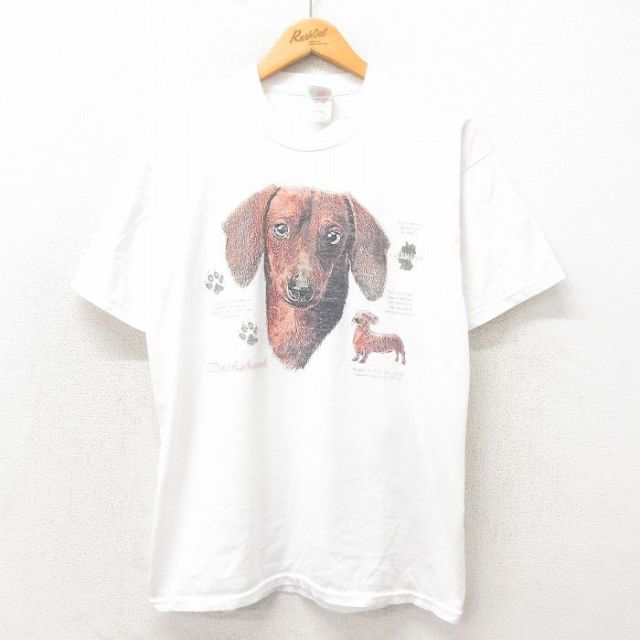 【50%OFF】L★古着 フルーツオブザルーム 半袖 ビンテージ Tシャツ メンズ 00年代 00s ダックスフント クルーネック 白 ホワイト 【spe】 25may14 中古
