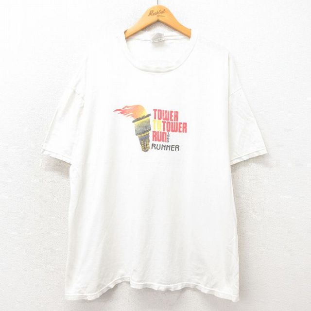 【50%OFF】XL★古着 ヘインズ Hanes 半袖 ビンテージ Tシャツ メンズ 90年代 90s TOWER 企業広告 大きいサイズ コットン クルーネック 白 ホワイト 25may14 中古