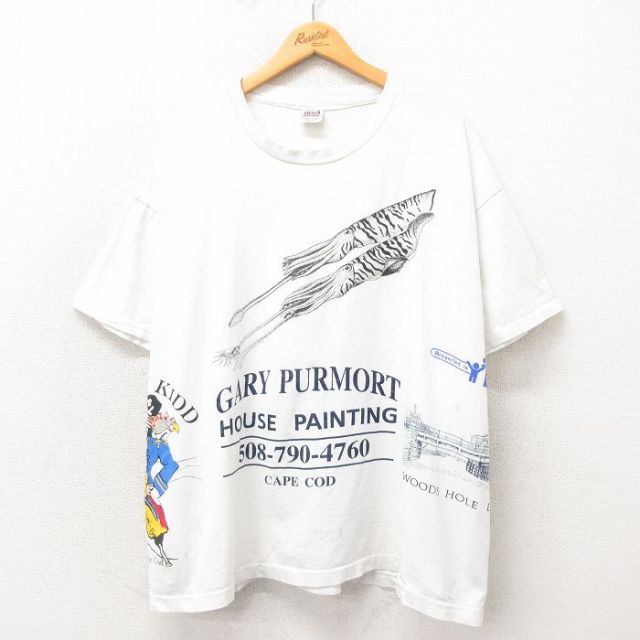 XL★古着 半袖 ビンテージ Tシャツ メンズ 90年代 90s イカ 海賊 マルチプリント 大きいサイズ コットン クルーネック USA製 白 ホワイト 【spe】 25may14 中古