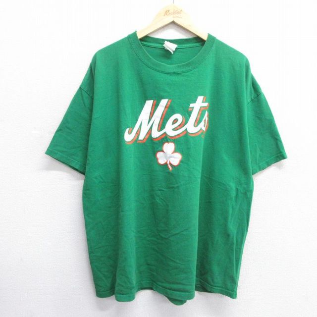 XL★古着 半袖 ビンテージ Tシャツ メンズ 00年代 00s MLB ニューヨークメッツ 大きいサイズ クルーネック 緑 グリーン メジャーリーグ ベースボール 野球 25may14 中古