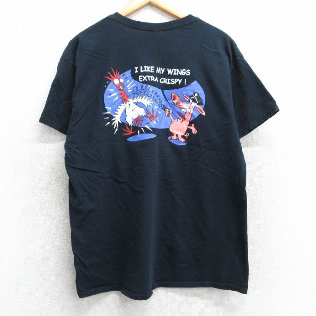 L★古着 半袖 ビンテージ Tシャツ メンズ 00年代 00s ブタ ニワトリ コットン クルーネック 黒 ブラック 25may14 中古