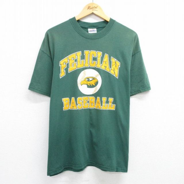 【50%OFF】XL★古着 ヘインズ Hanes 半袖 ビンテージ Tシャツ メンズ 00年代 00s FELICIAN　ベースボール 大きいサイズ クルーネック 緑 グリーン 25may15 中古