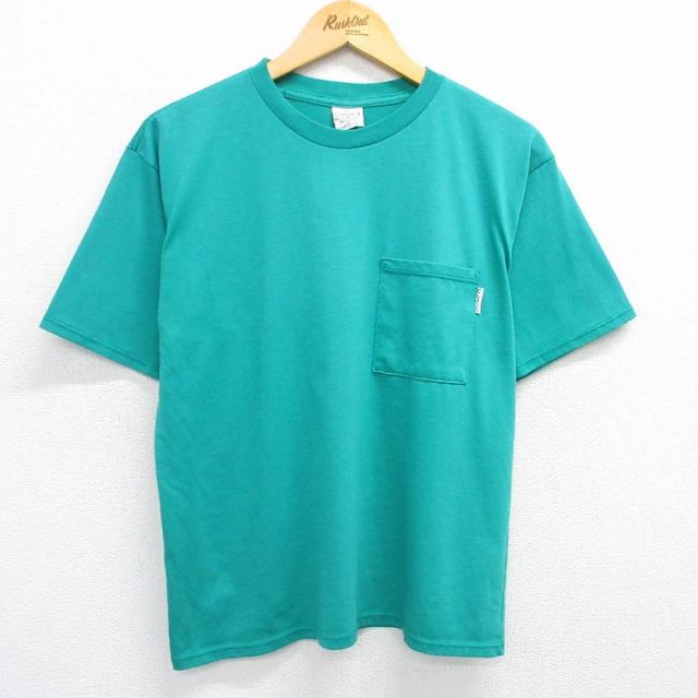 L★古着 半袖 ビンテージ Tシャツ メンズ 90年代 90s 無地 胸ポケット付き クルーネック USA製 青緑 25may15 中古