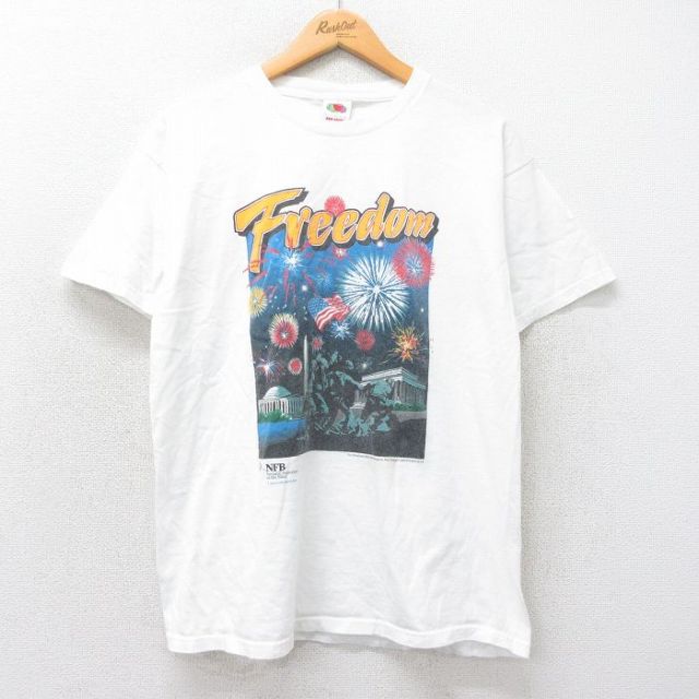 L★古着 フルーツオブザルーム 半袖 ビンテージ Tシャツ メンズ 00年代 00s Fｒｅｅｄｏｍ 花火 クルーネック 白 ホワイト 25may16 中古